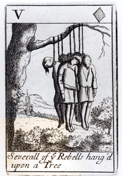 Plusieurs rebelles pendus à un arbre, carte à jouer cinq de cœur d