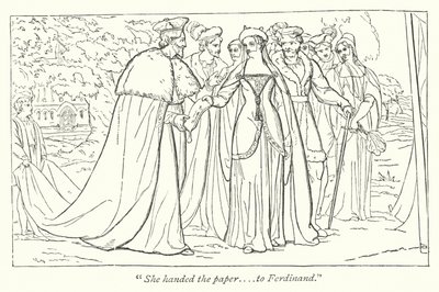 La princesse française remet à Ferdinand un document de son père (gravure) - English School