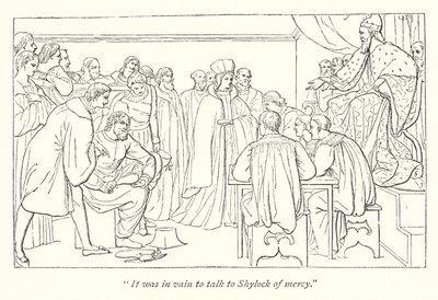 Le Marchand de Venise de Shakespeare ; Cour de jugement, le Doge invitant Portia à son siège - English School
