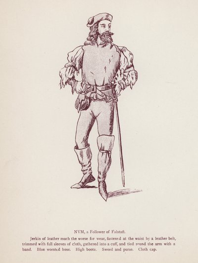 Les Joyeuses Commères de Windsor de Shakespeare : Nym, un suiveur de Falstaff (lithographie) - English School