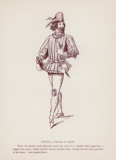 Les Joyeuses Commères de Windsor de Shakespeare : Pistol, un suiveur de Falstaff (lithographie) - English School