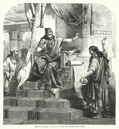 Shaphan lisant le livre de la loi devant le roi Josias (gravure) - English School