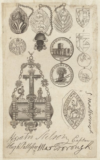 Feuille représentant des pièces de monnaie, des sceaux et des jetons, avec des fac-similés de signatures - English School
