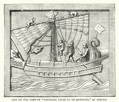 Navire sur la tombe de "Naevoleia Tyche et de Munatius," à Pompéi (gravure en couleur) - English School