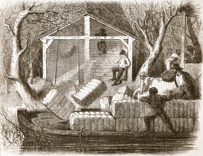 Tir de balles de coton dans la partie avant du bateau à vapeur Magnolia, illustration de The Illustrated London News, 1861 - English School