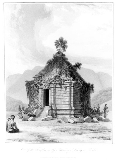 Sanctuaire sur la montagne Dieng ou Prahu à Java central, de History of Java, volume 2, publié en 1817 - English School
