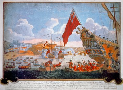 Siège de la forteresse française de Louisbourg en 1745 par des navires britanniques et des colons de la Nouvelle-Angleterre - English School