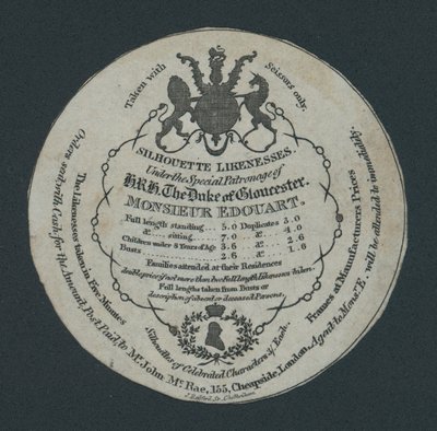 Silhouettes, Monsieur Edouart, co 155 Cheapside, Londres, carte de visite - English School