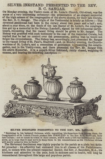 Encrier en argent présenté au Révérend B C Sangar (gravure) - English School