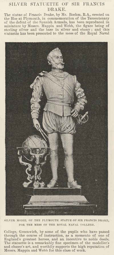 Modèle en argent de la statue de Plymouth de Sir Francis Drake, pour le mess du Royal Naval College - English School