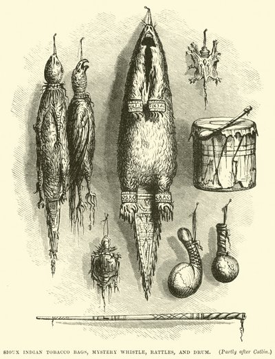 Sacs à tabac Sioux, sifflet mystère, hochets et tambour - English School