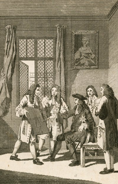 Sir Christopher Wren présentant au roi Charles II son plan pour reconstruire Londres - English School