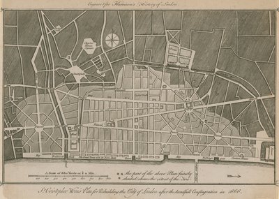 Plan de Sir Christopher Wren pour la reconstruction de la ville de Londres après le terrible incendie de 1666 - English School