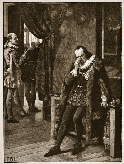 Sir Francis Bacon attendant une audience de Buckingham, illustration de Cassells Illustrated History of England - English School