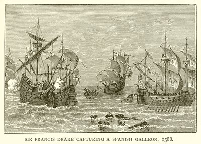 Sir Francis Drake capturant un galion espagnol, 1588 - English School