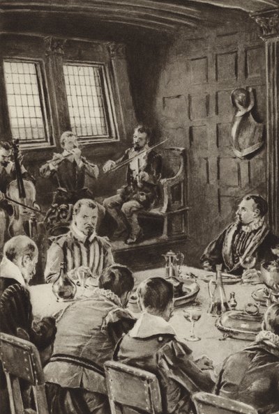 Sir Francis Drake, dînant sur le Golden Hind au son des violons - English School
