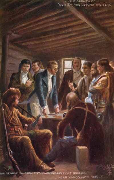 Sir George Simpson établissant son premier conseil près de Vancouver, 1835 - English School