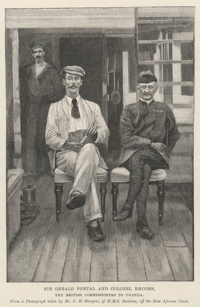 Sir Gerald Portal et le Colonel Rhodes, les commissaires britanniques en Ouganda (gravure) - English School