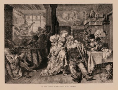 Sir John Falstaff à la "Tête de Sanglier", Eastcheap (gravure) - English School
