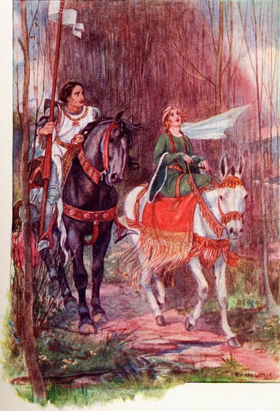 Sir Lancelot et la reine Guenièvre. Illustration en couleur du livre The Gateway to Tennyson publié en 1910. - English School