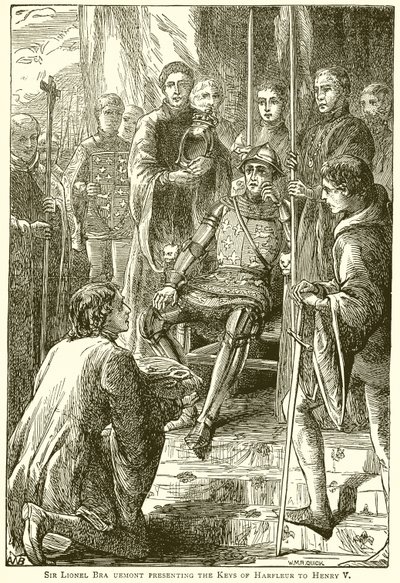 Sir Lionel Bra Uemont présentant les Clés de Harfleur à Henri V - English School