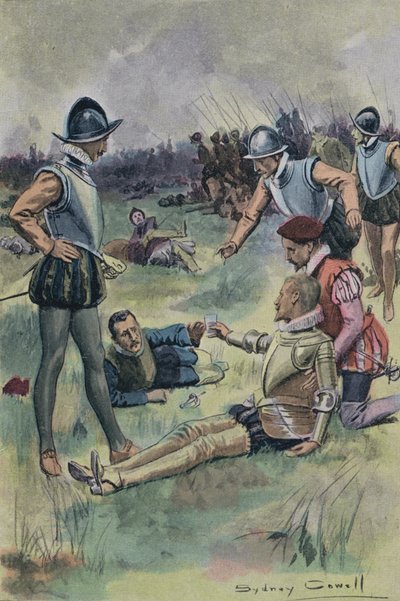 Sir Philip Sidney offrant son eau à un autre soldat blessé à la Bataille de Zutphen, Pays-Bas, 1586 - English School