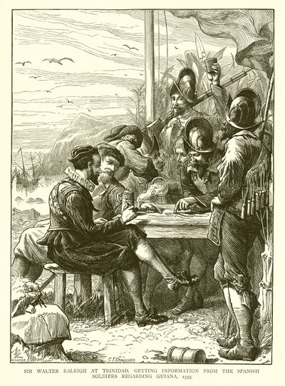 Sir Walter Raleigh à Trinidad, obtenant des Informations des Soldats Espagnols concernant la Guyane, 1595 - English School