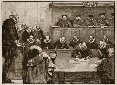 Sir Walter Raleigh devant les juges, illustration de Cassells Illustrated History of England - English School