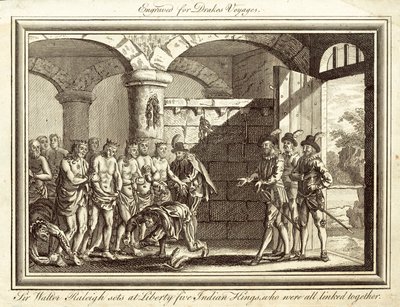 Sir Walter Raleigh libère cinq rois indiens, qui étaient tous liés entre eux (gravure) - English School