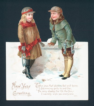 Couple patinant en conversation, carte de Nouvel An - English School