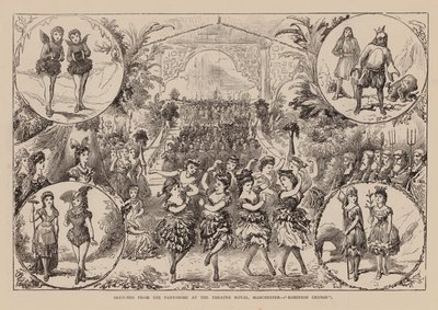 Sketches from the Pantomime at the Theatre Royal, Manchester, Robinson Crusoé (gravure) - English School