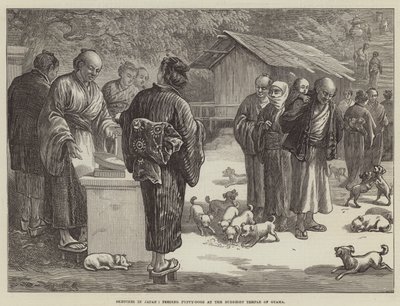 Croquis au Japon, nourrir des chiots au temple bouddhiste d
