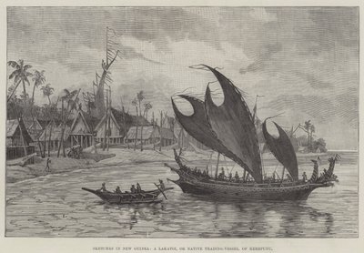 Croquis en Nouvelle-Guinée, un Lakatoi, ou Navire de Commerce Indigène, de Kerepunu - English School