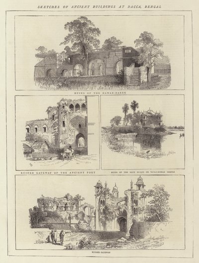 Croquis de bâtiments anciens à Dacca, Bengale (gravure) - English School