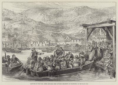 Croquis de la guerre, réfugiés grecs de Kavarna embarquant à Baltschik, sur la mer Noire - English School