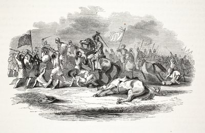 Escarmouche à proximité du château de Chirck, publié au 19ème siècle (gravure sur acier) - English School