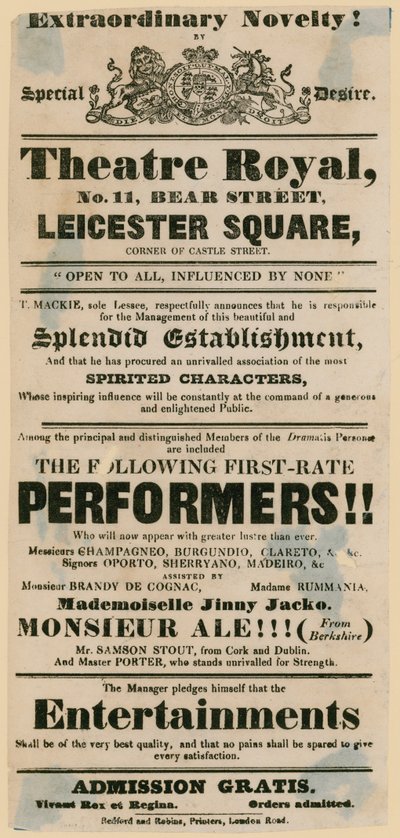 Affiche de théâtre satirique annonçant un pub, Le Bear and Ragged Staff - English School
