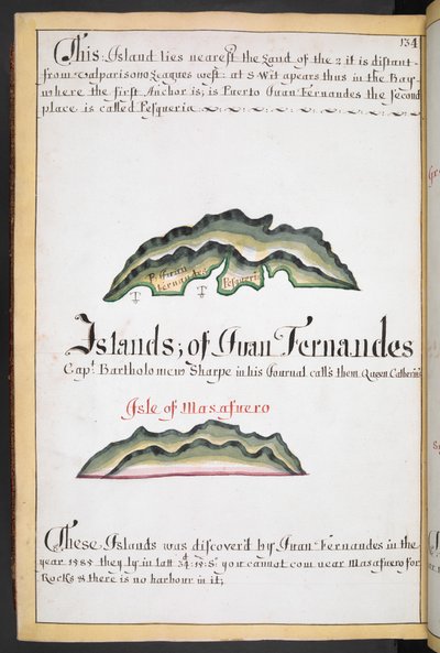 Carte de Juan Fernández dans le South Sea Waggoner de William Hack - English School