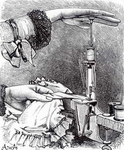 Petite machine à coudre à point noué, huit pouces de long, pesant 8 onces, de Cassells Family Magazine, publié en 1886 - English School