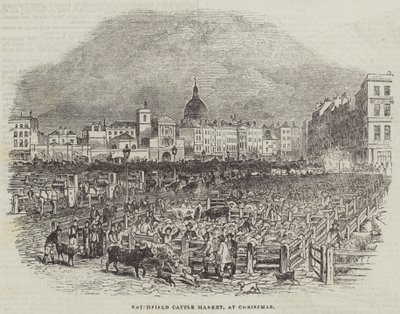 Marché aux bestiaux de Smithfield, à Noël (gravure) - English School