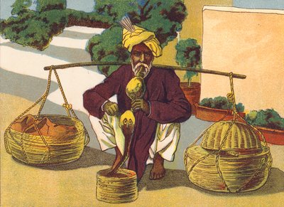 Charmeur de serpents, Inde (lithographie couleur) - English School