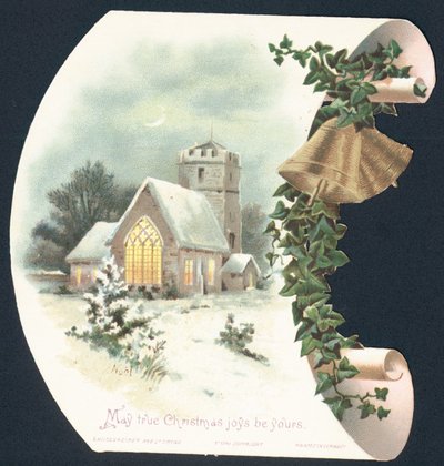Scène de neige et église, carte de Noël - English School