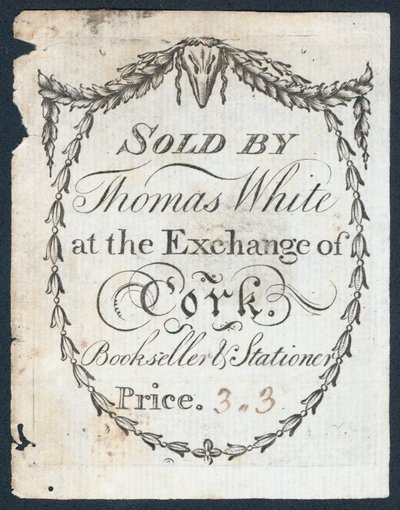 Carte de visite de Thomas White, libraire et papetier à l