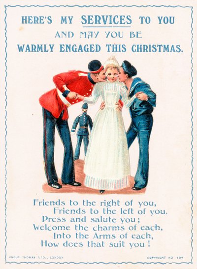 Soldats embrassant une fille, Carte de Noël - English School