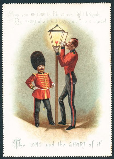 Soldats allumant une lampe à gaz, carte de Noël - English School