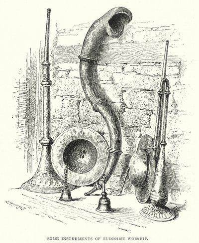 Quelques instruments du culte bouddhiste (gravure) - English School
