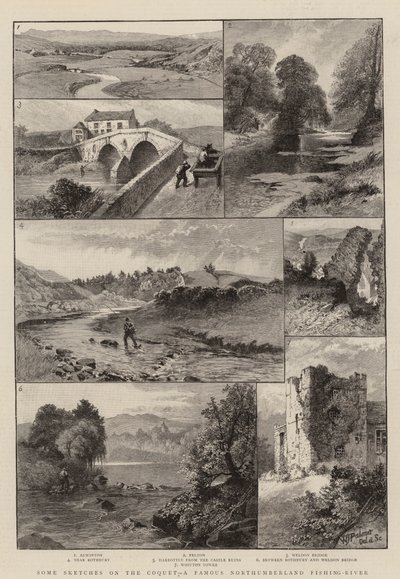 Quelques croquis sur la Coquet, une célèbre rivière de pêche du Northumberland (gravure) - English School