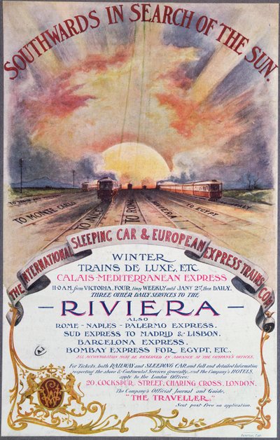 Vers le sud, affiche publicitaire pour les services de la Compagnie Internationale des Wagons-Lits vers la Côte d