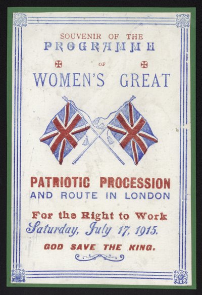 Programme souvenir de la procession des femmes pour le droit au travail, Londres, 17 juillet 1915 - English School