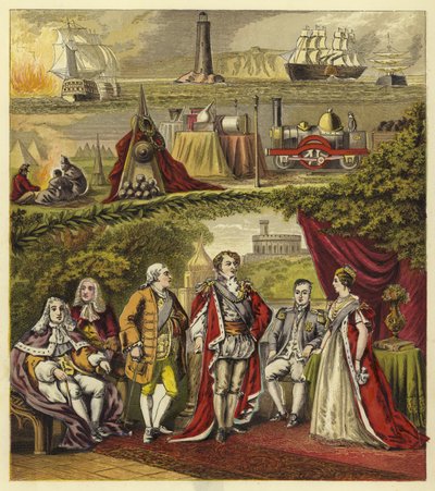Souverains de la maison de Hanovre; Roi George I, Roi George II, Roi George III, Roi George IV, Roi Guillaume IV, Reine Victoria - English School